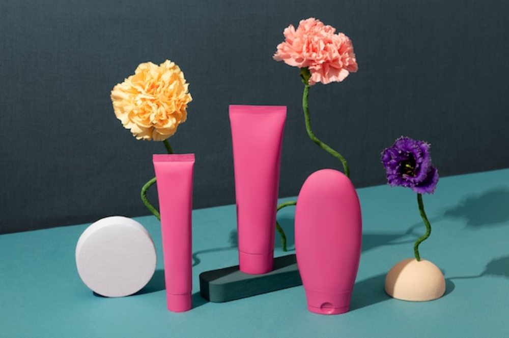 粉色化妝品容器和鮮花分類