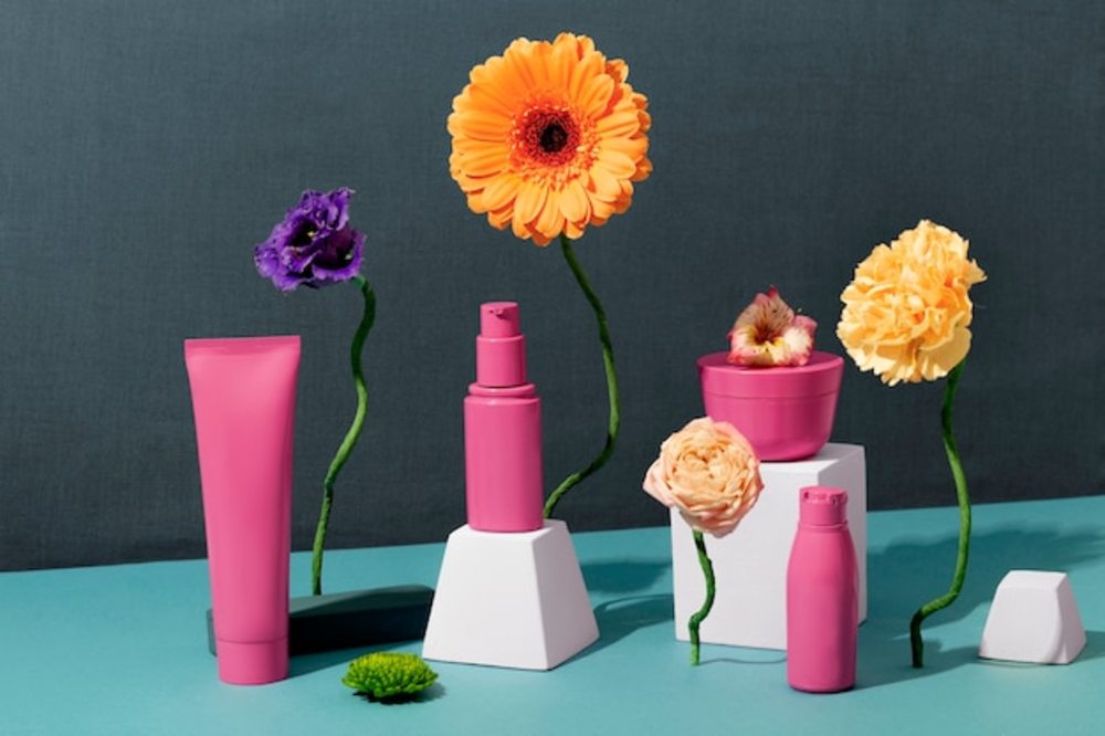 粉色化妝品容器和插花